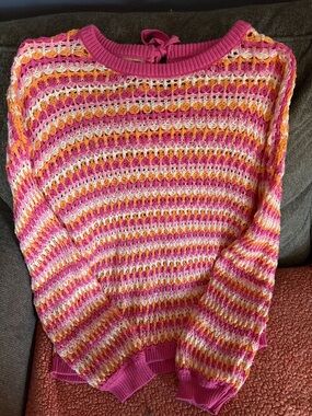 Blu Pepper Pink Multi-Stripe Crochet Sweater